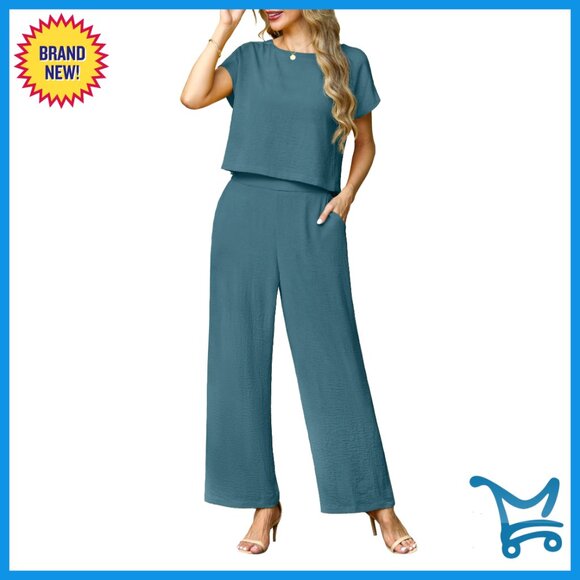 Pants - Summer Lounge Set Cap Sleeve Crop Top Wide Leg Pants Matching Outfit